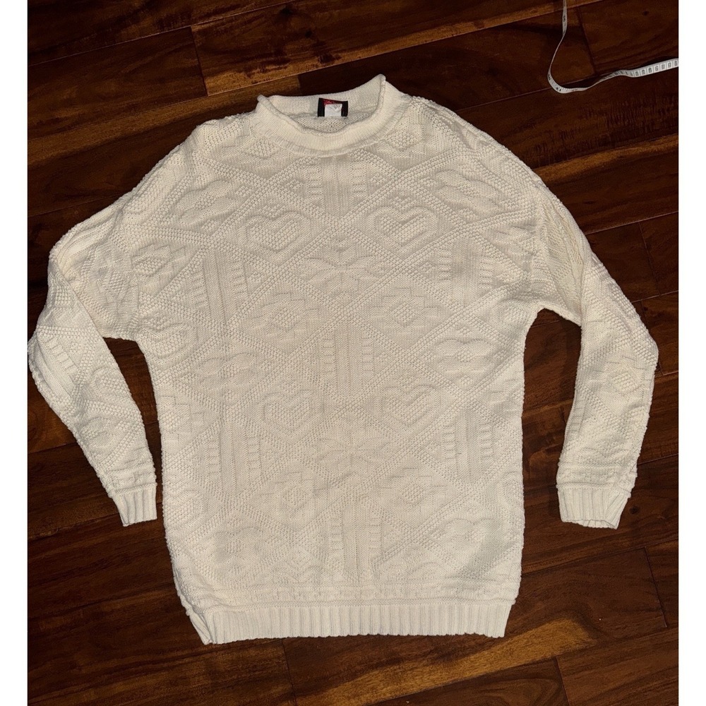 Vintage Mens Large Cream Cable Knit Sweater Long Sleeve Crew Neck Made in USA